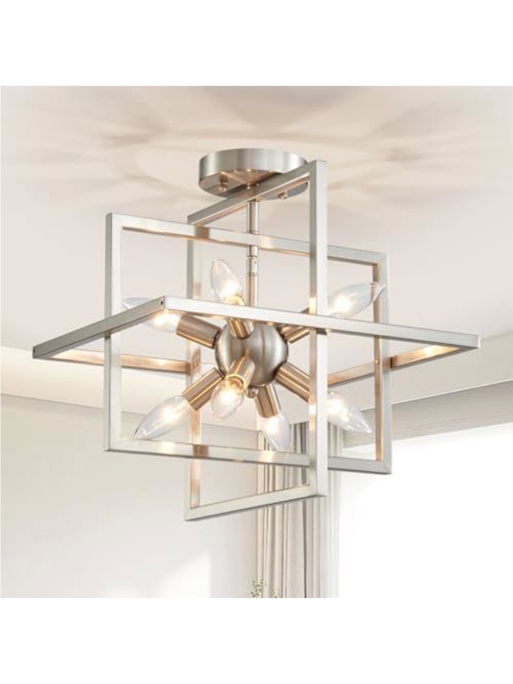 Modern Geometric Semi-Flush Ceiling Light - Satin Nickel